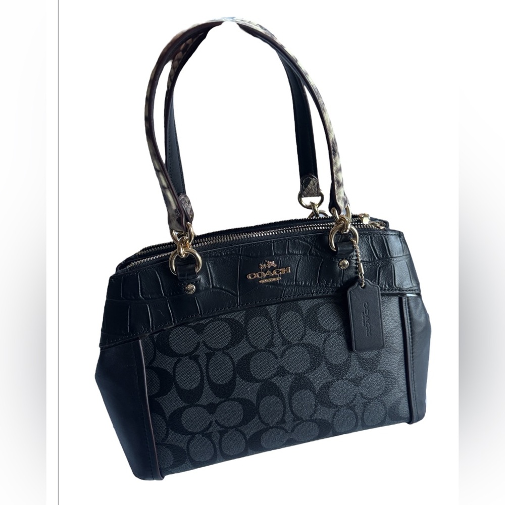 NWT Coach Black Signature C Satchel Croc Leather Trim Handbag